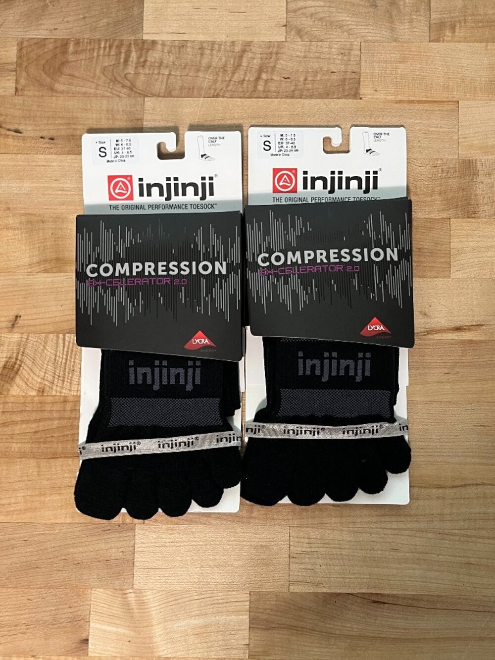New Lot of 2 pairs Men's Small 6-7.5 Injinji Long Compression Toe socks Black